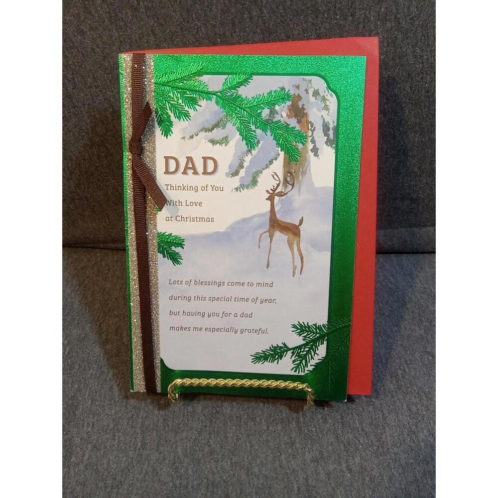DaySpring Card Green White Brown To DAD "Thinking Of You With Love" Deer Ribbon
